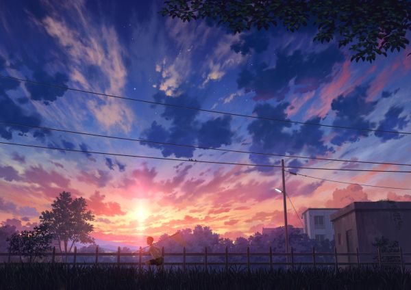 ciel,en plein air,le coucher du soleil,des nuages,sunset glow,Garçons anime