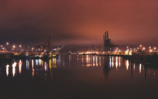 日没,シティ,都市景観,夜,水,反射