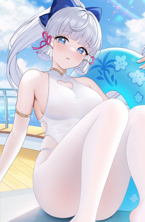 Genshin Impact,artwork,Kamisato Ayaka Genshin Impact,gray hair,ponytail,blue eyes