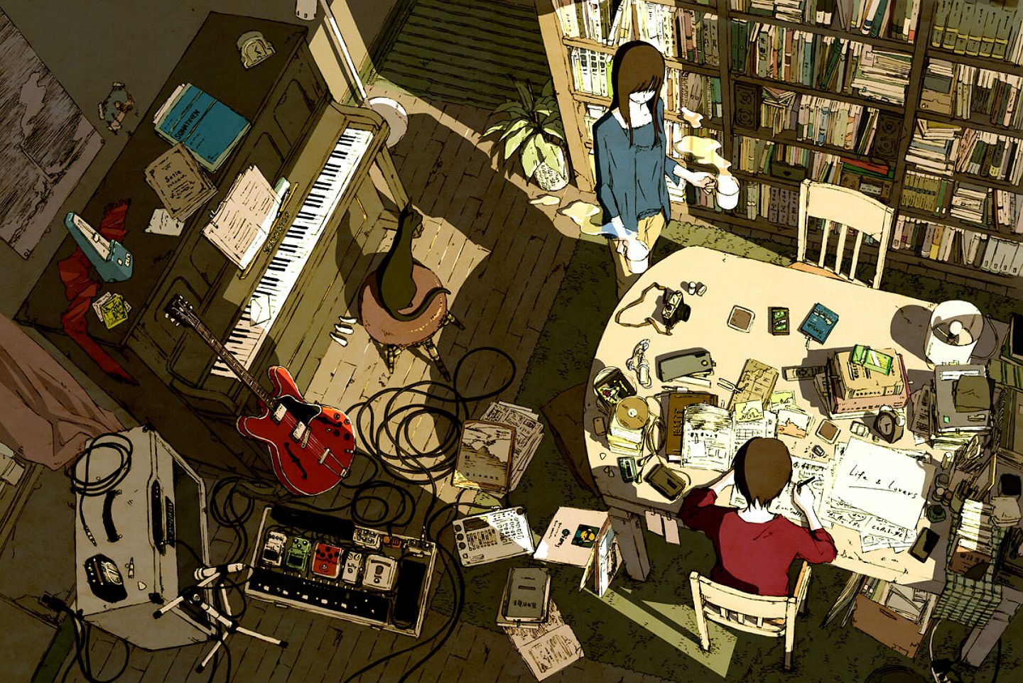 1440x962 px, animal, livre, marron, caméra, chat, guitare, cheveux, instrument, Kawano, mâle, original, papier, piano