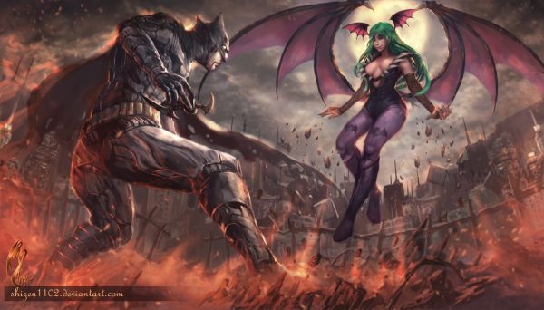 Art fantastique, mythologie, capture d'écran, chef militaire, Homme chauve-souris, Morrigan Darkstalkers