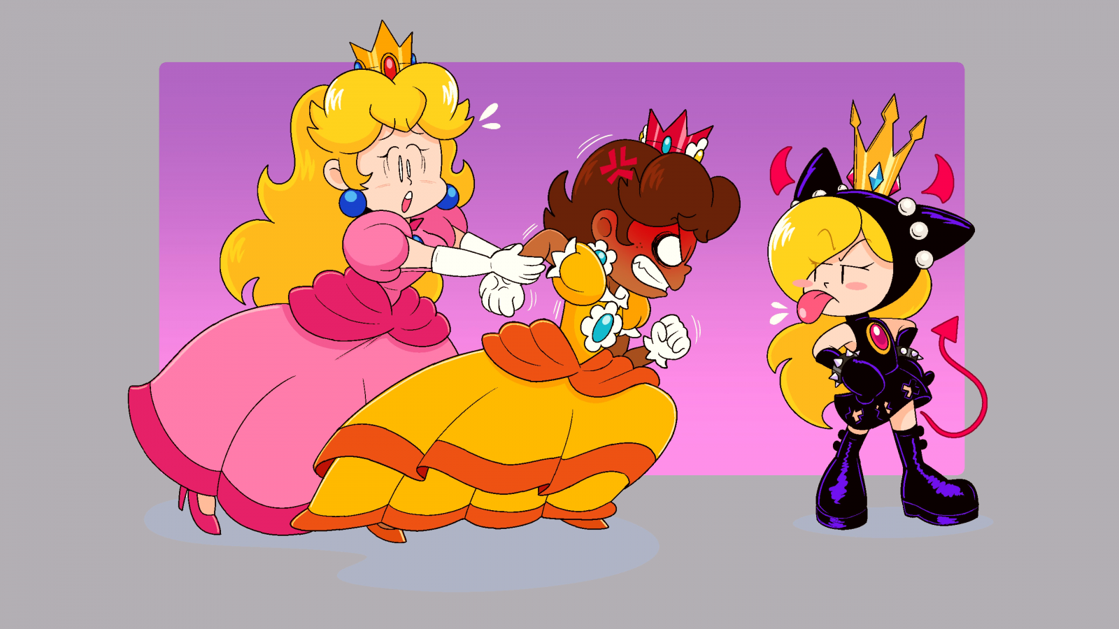 Princess Peach, Princess Daisy, Wapeach, krona, prinsessa, blond, långt hår, shoulder length hair, brunett, lugg, blunt bangs, mörk hud, juvel, Smycken, pärlor, örhänge, animaliska öron, arg, tongue out, demon tail, svans, klänning, svart klänning, gul klänning, rosa klänning, stövlar, svarta stövlar, rosa skor, handskar, vita handskar, svarta handskar, devil horns, horn, demon horns, rodnande, Nintendo, Videospel, videospel flickor, shoulder pads, nakna axlar, tänder, tecknad serie, enkel bakgrund