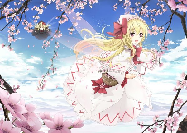 illustration,blonde,anime,white dress,Touhou,cherry blossom