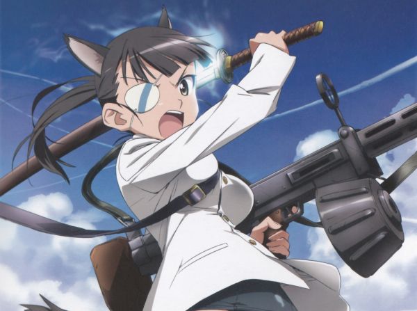 dziewczyna,przepaska na oko,Strike Witches,Pistolety,niebo