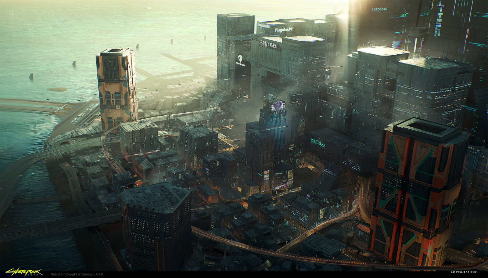 cyberpunk 2077, Ward Lindhout, arte digitale, concept art, heywood, grattacielo, città, cyberpunk, città futuristica, distopico, paesaggio urbano, vista aerea