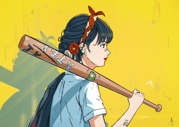 anime,baseball bat,yellow background,anime girls,bandage