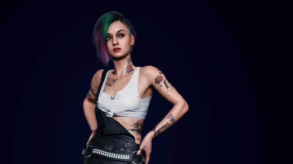 Cool girl, Cyberpunk 2077, fundo preto, Fundo simples, minimalismo, tatuagem