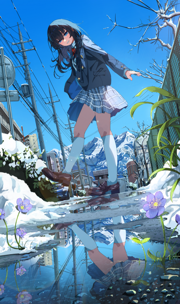 Sakatsuki Yakumo,puddle,portrait display,walking,schoolgirl,school uniform