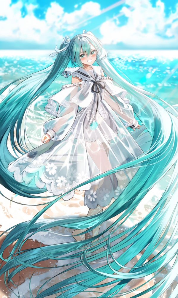 Vocaloïde,Hatsune Miku,Affichage du portrait,Filles anime,Regarder la visionneuse,plage