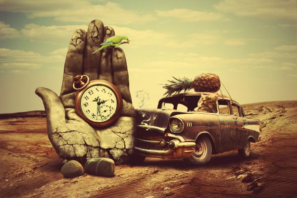 pineapple,creative,hand,surrealism,car,clock