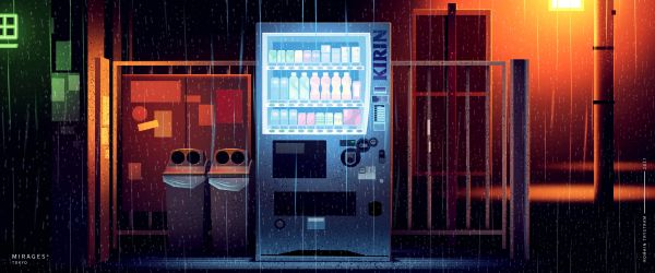 Romain Trystram,digital konst,neon,lampor,regn,Tokyo