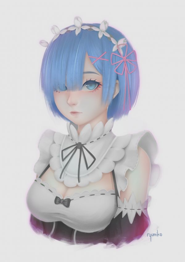 Re Zero Kara Hajimeru Isekai Seikatsu,Rem Re Zero,ryumiko,พื้นหลังสีขาว,ความเรียบง่าย,ผมสีฟ้า