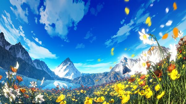 anime girls,flowers,petals,landscape,knee high socks,mountains