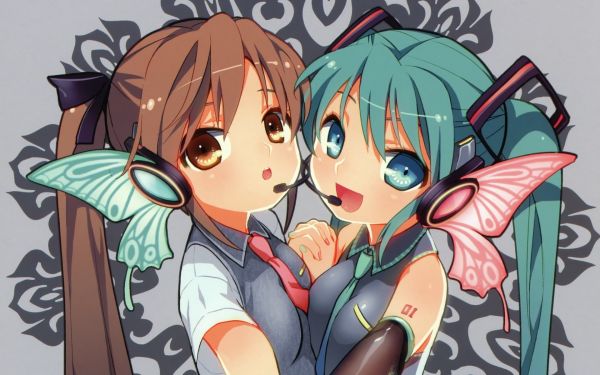 illustration, anime, cartoon, Hatsune Miku, microphone, cute