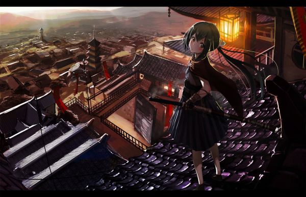 cabelo longo,Anime,Meninas anime,panorama,Katana,espada