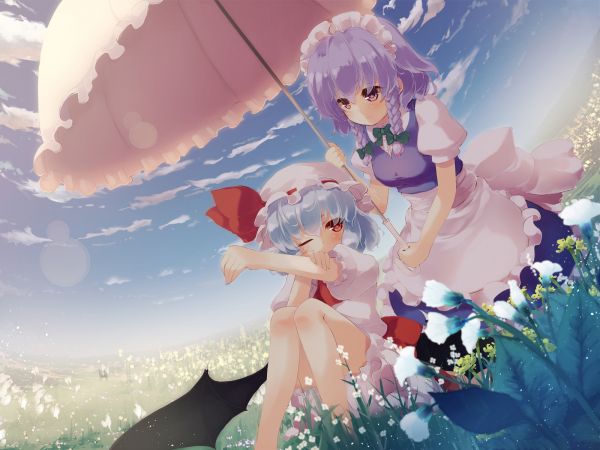 anime,anime dívky,Remilia Scarlet,Touhou,Izayoi Sakuya,deštník