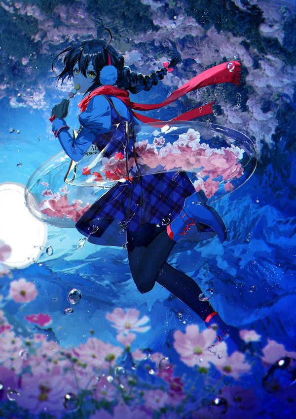 anime girls,visualizzazione verticale,Kuga Huna,fiori,gocce d'acqua,collant