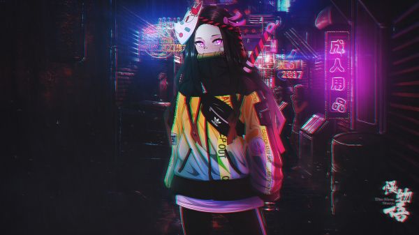 Аниме девушки,аниме,Nezuko,Киберпанк 2077,ninja girl,Япония