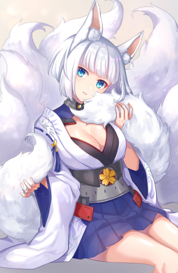 cleavage,blue eyes,tail,Kaga Bilan Hangxian,Bilan Hangxian,animal ears