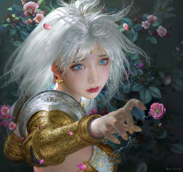 dibujo,mujer,ojos azules,rosado,Ruan Jia,Flores