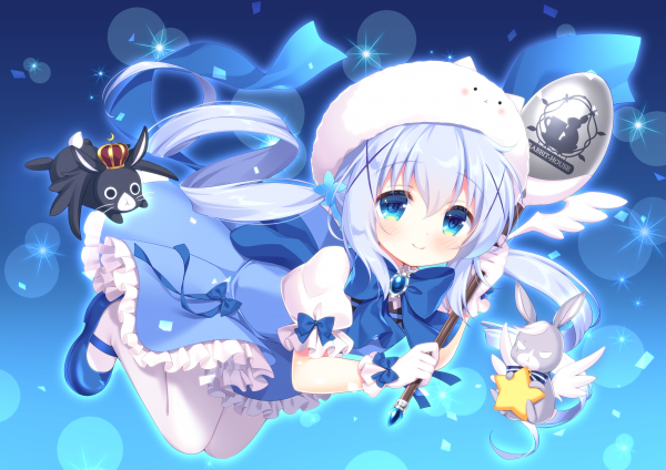 fete anime,Gochuumon wa Usagi Desu ka,ochi albaștrii,Kafuu Chino,tinuta menajera,par albastru