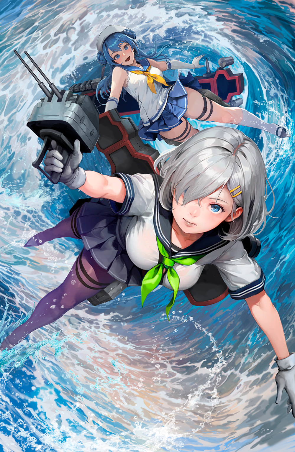 Kantai系列, 水, Hamakaze KanColle, Urakaze KanColle, 贝雷帽, 看着观众, 手套, shoulder length hair, 帽子, 长发, 蓝眼睛, 连裤袜, 女学生, 校服, 短裙, 发饰, 海, hair over one eye, 大炮, Hiraoka Masamune, 胸部, 机, 肘手套