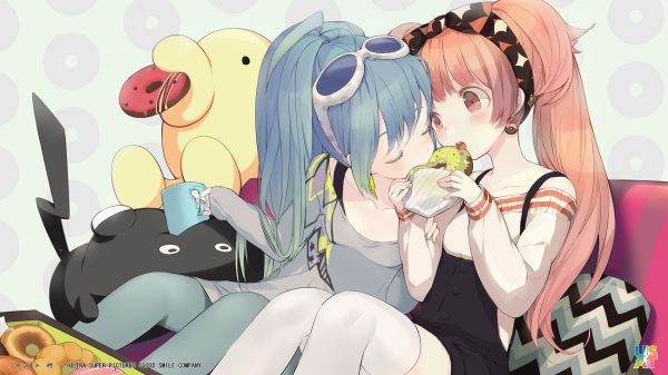 ilustración, Anime, Chicas anime, comida, pelo largo, gafas