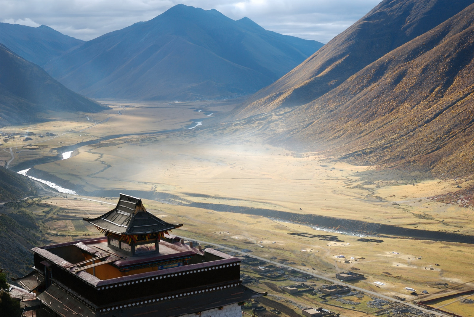 natură, peisaj, Tibet, munţi, Asia, mănăstire, vale, arhitectura din Asia, rooftops, râu