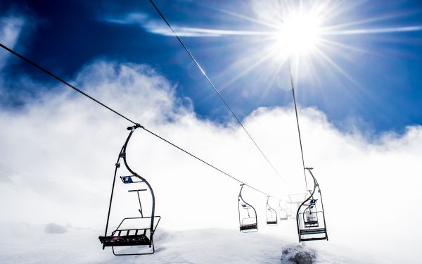 luz de sol, cielo, nieve, montañas, invierno, azul