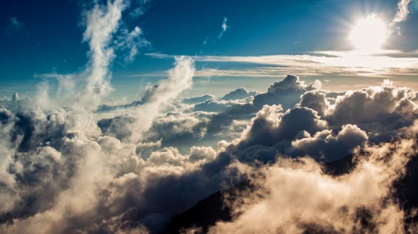 bergen,wolken,hemel,blauw,Zon,mist