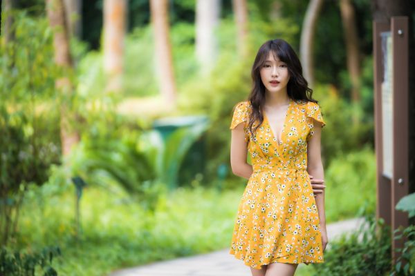 Asian,model,depth of field,brunette,long hair,trees