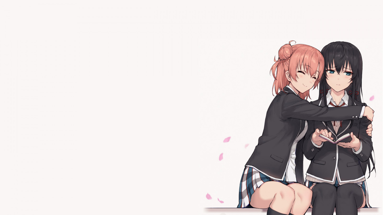 Yahari Ore no Seishun Amor Comédia wa Machigatteiru, Yukinoshita Yukino, Yuigahama Yui, Anime, Meninas anime, abraçando, fundo branco, cabelo rosa, cabelo preto