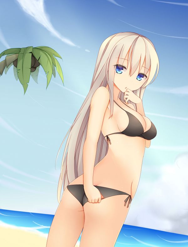 ilustrare, par lung, anime, fete anime, blondă, mare