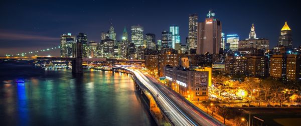 Brooklyn Bridge,Manhattan,New York City,natt,3440x1440 px