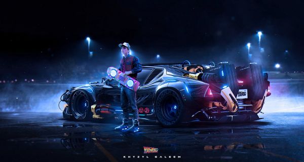 night, car, vehicle, DMC DeLorean, Back to the Future, Khyzyl Saleem