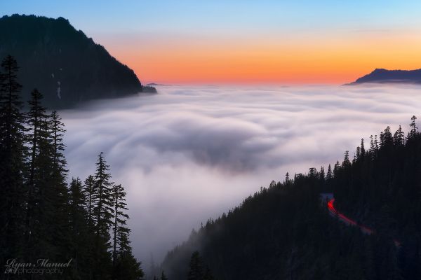 Washington, Mountrainier, Pôr do sol, montanhas, névoa, nuvens