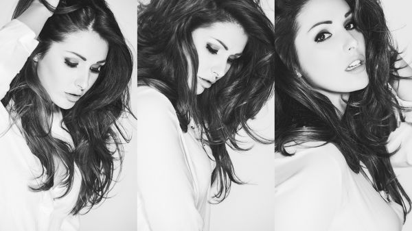 vrouw,brunette,collage,Lucy Pinder,monochroom