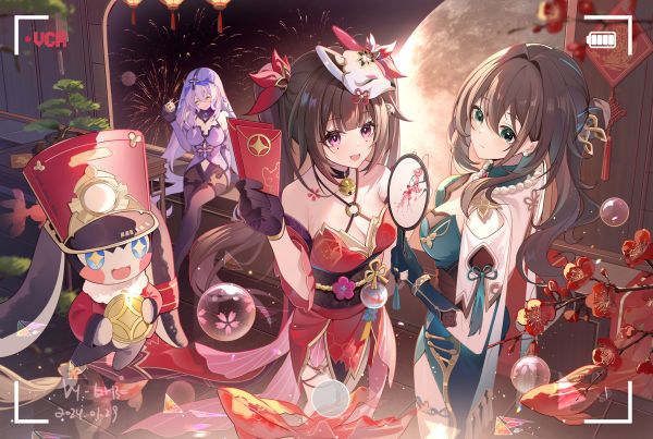 Honkai Star Rail,women trio,haar ornament,vuurwerk,elleboog hand,Ruan Mei Honkai Star Rail