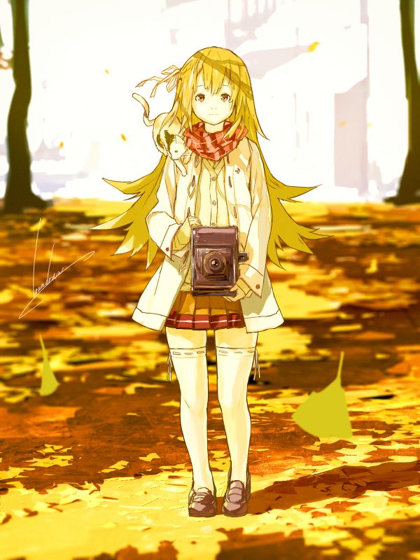 loundraw,anime girls,minidress,blonde,fallen leaves,knee highs