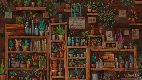 artwork,digital art,plants,flowerpot,bottles,shelf