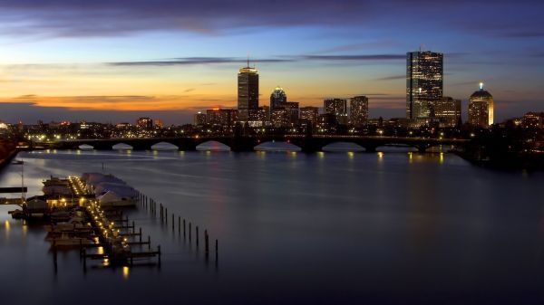 puesta de sol, ciudad, Paisaje urbano, noche, edificio, reflexión