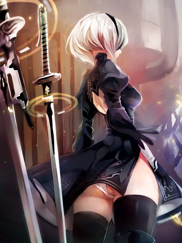 Anime, Filles anime, Nier Automata, robe noire, hauts de cuisse, épée