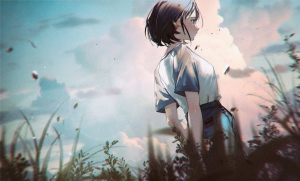 anime girls,Low Angle,sky,grass,clouds,looking away