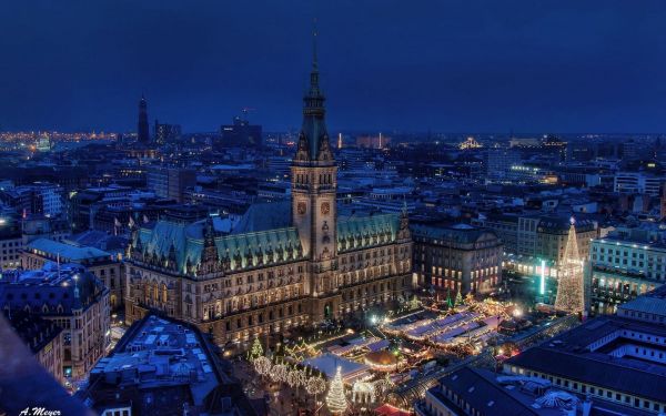 Hamburg,Németország,épület,town hall,éjszakai város,terület