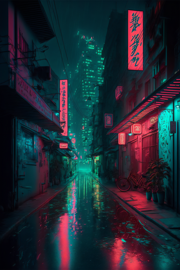 ai art, cyberpunk, stad, regn, neon, gata