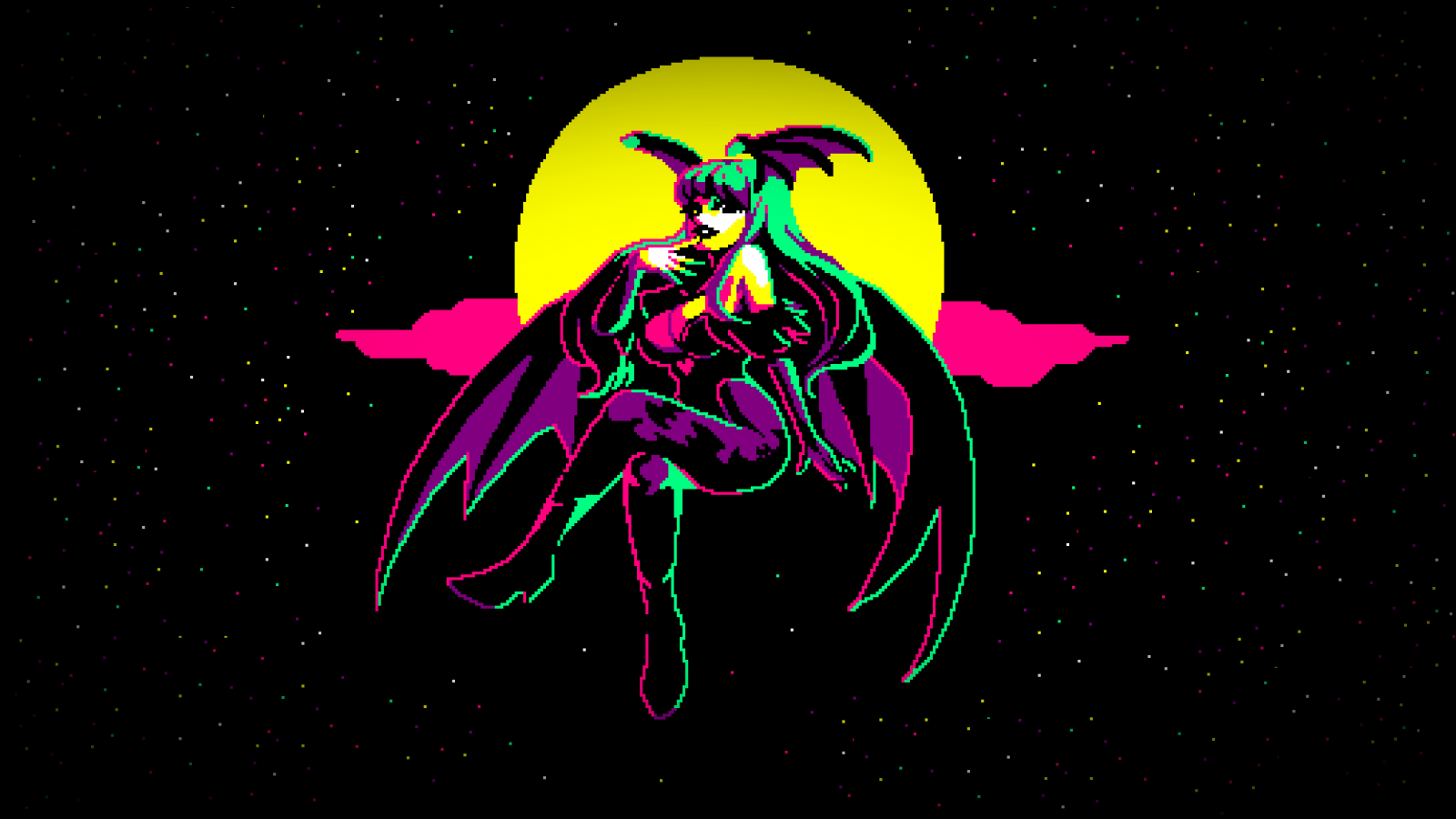 Computerspellen, video spel meisjes, dijen, thighs together, kijken naar kijker, Capcom, Morrigan Aensland, succubus, vampieren, coulissen, bat wings, wolken, sterren, Maan, zwarte achtergrond, Darkstalkers, Fighting Games, pixel art, korrelig, hoektanden, tieten, big boobs, decollete, blote schouders, laarzen, handschoenen, gympak, black leotard, leggings, nacht, heupen, wide hips, lang haar, groen haar