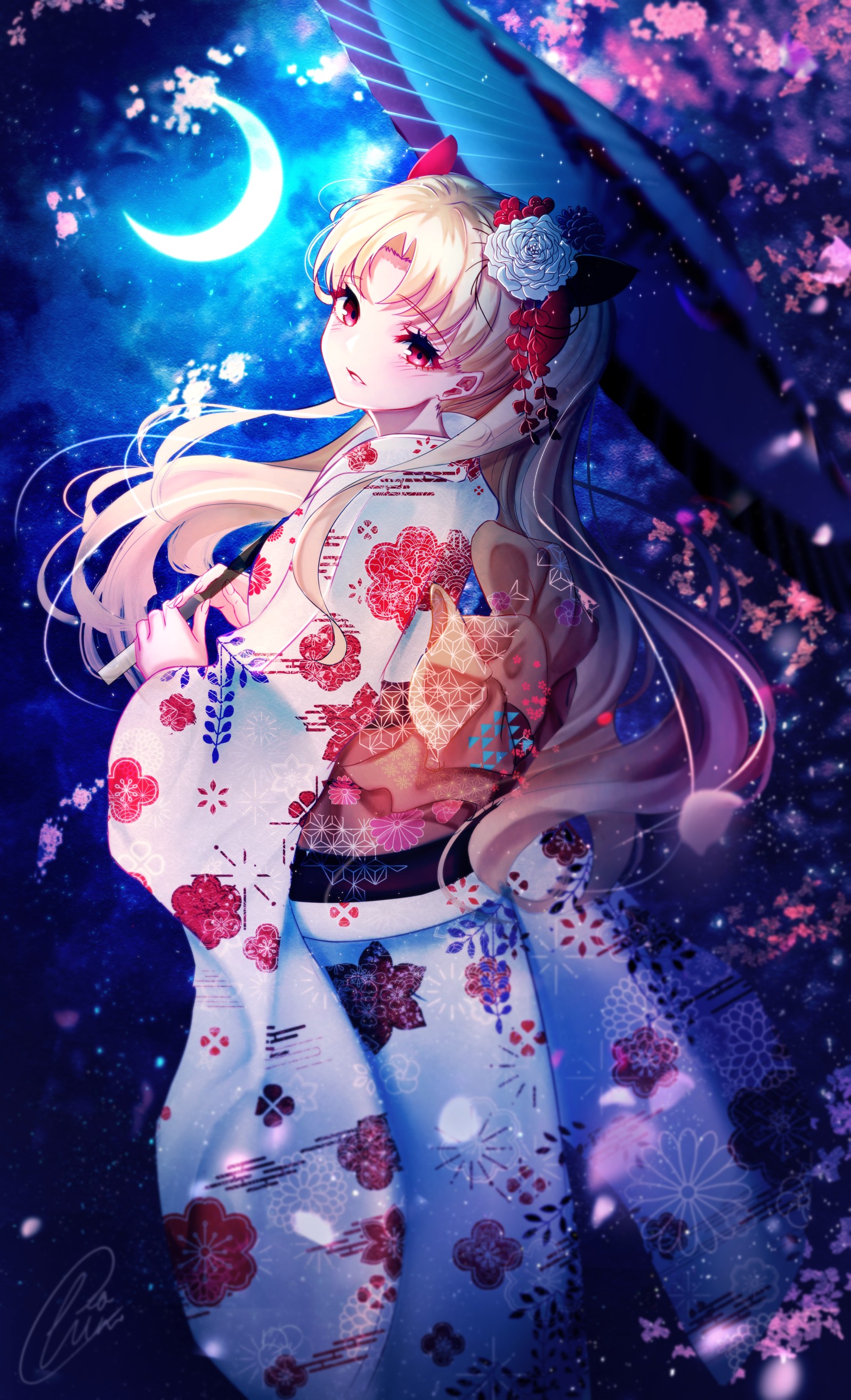 Chiachun, Affichage du portrait, Filles anime, Anime, Grand ordre du Grand, kimono, Série Fate, regarder en arrière, Ereshkigal Fate Grand Order, cheveux longs, blond, Ornement de cheveux, Lune, croissant de lune, Rose, Fleur dans les cheveux, souriant, Regarder la visionneuse, rougir, parapluie, fleur de cerisier, les yeux rouges, Rougissant, pétales, Vêtements japonais