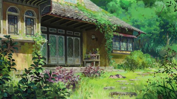 casa,gato,flores brancas,Karigurashi no Arrietty