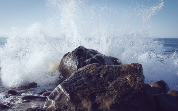 landskap, hav, solljus, vatten, sten, strand