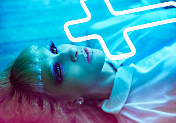 women,neon,lying on back,blue,underwater,neon lights